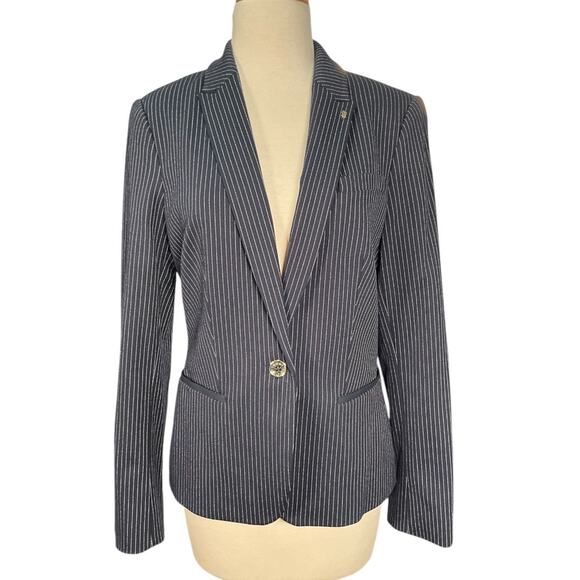 Tommy Hilfiger Women's Navy Pinstripe Blazer Size 10 Single Button Elbow Patches - Picture 1 of 12
